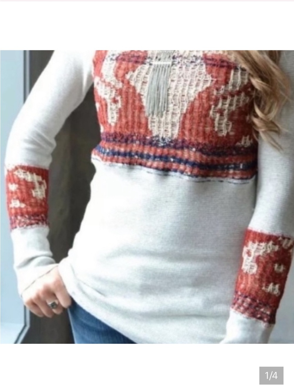 Free People Long Sleeve Top - Cream and Red
